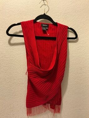 Radzoli Vibrant Red Ribbed Sleeveless Top with Fringe Accent